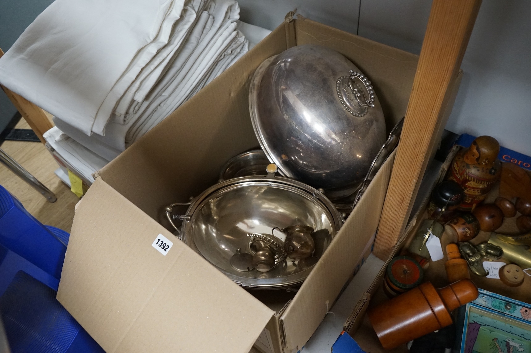 A quantity of silver plate to include a breakfast dish and wine coasters, together with two small items of silver